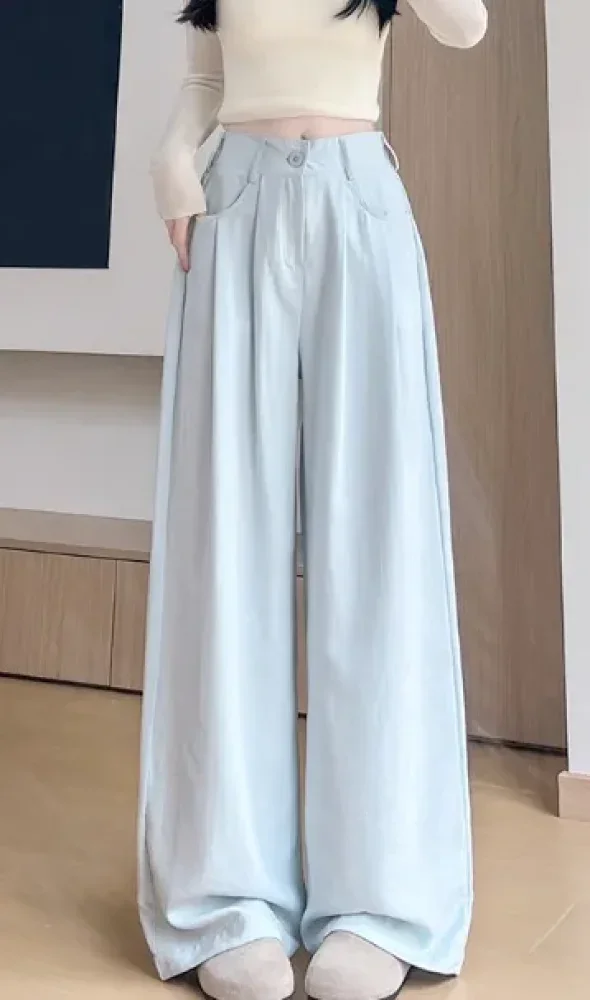 CHICMORE Wanita musim panas baru es silk casual celana pinggang tinggi longgar vertikal perlindungan matahari kaki lebar（bagian depan mulus）