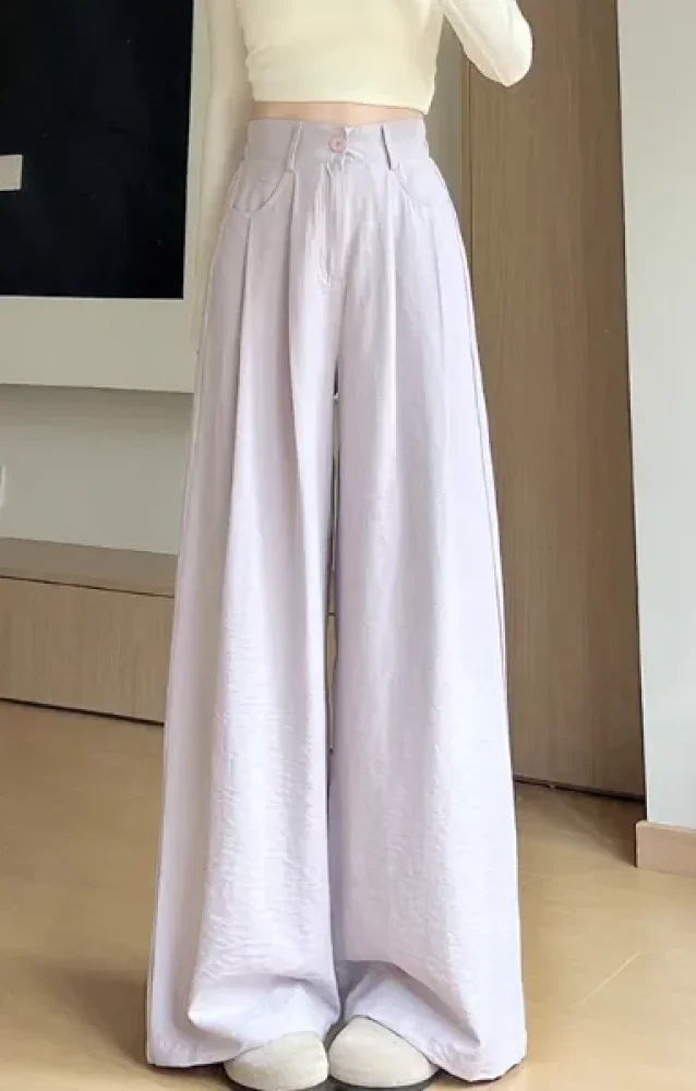 CHICMORE Wanita musim panas baru es silk casual celana pinggang tinggi longgar vertikal perlindungan matahari kaki lebar（bagian depan mulus）