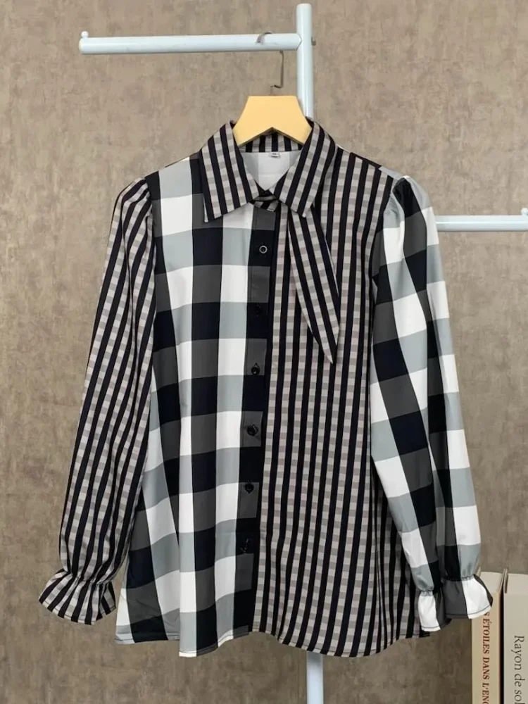 ASAYA Kemeja kasual modis motif garis-garis gaya korea