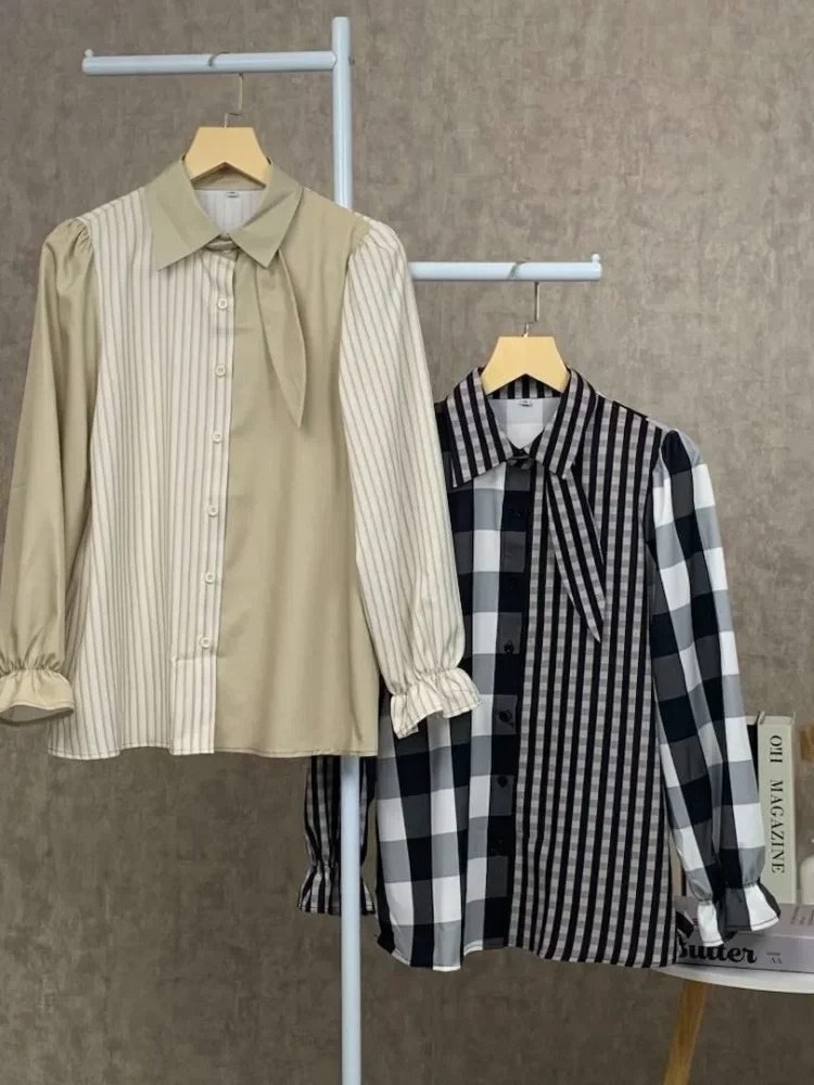 ASAYA Kemeja kasual modis motif garis-garis gaya korea