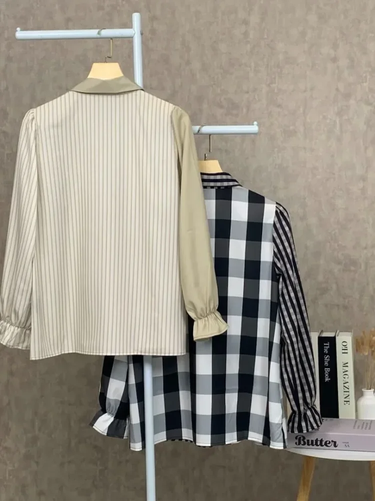 ASAYA Kemeja kasual modis motif garis-garis gaya korea