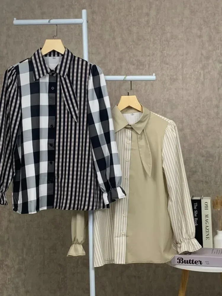 ASAYA Kemeja kasual modis motif garis-garis gaya korea