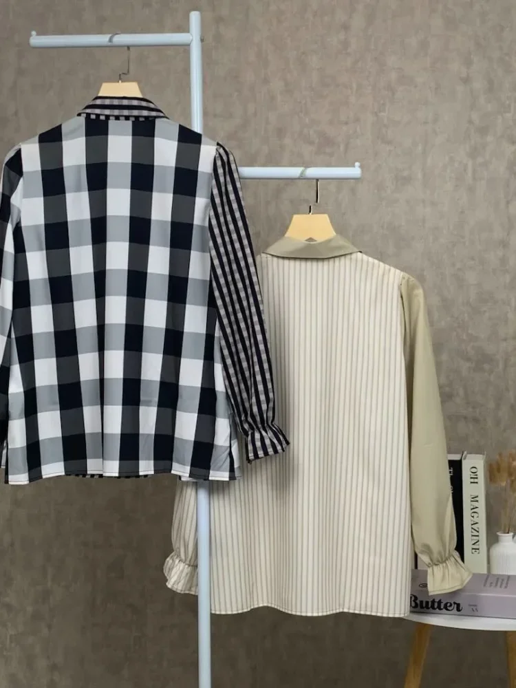 ASAYA Kemeja kasual modis motif garis-garis gaya korea