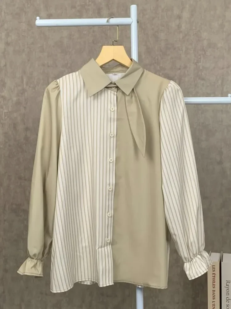 ASAYA Kemeja kasual modis motif garis-garis gaya korea