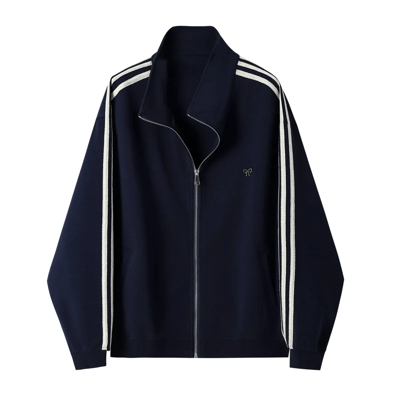 CHICMORE Atasan jaket bergaris kasual sporty retro ritsleting untuk wanita