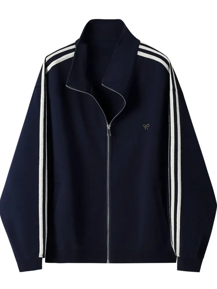 CHICMORE Atasan jaket bergaris kasual sporty retro ritsleting untuk wanita