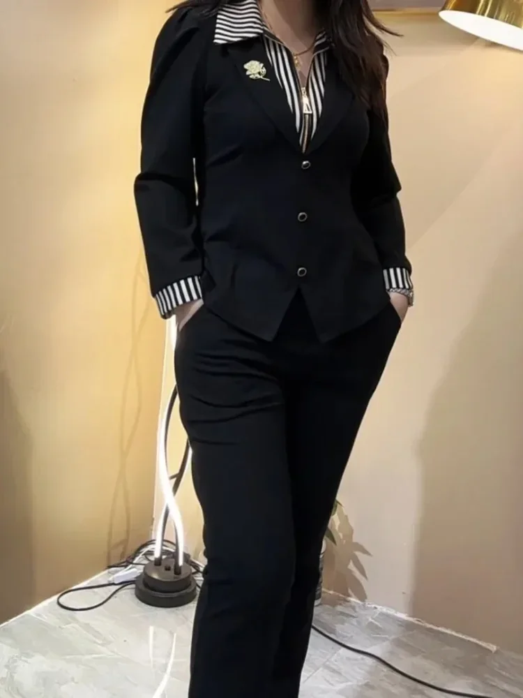 FADFAD Setelan wanita dua potong atasan lengan panjang dengan kerah polo dan celana panjang gaya baru elegant