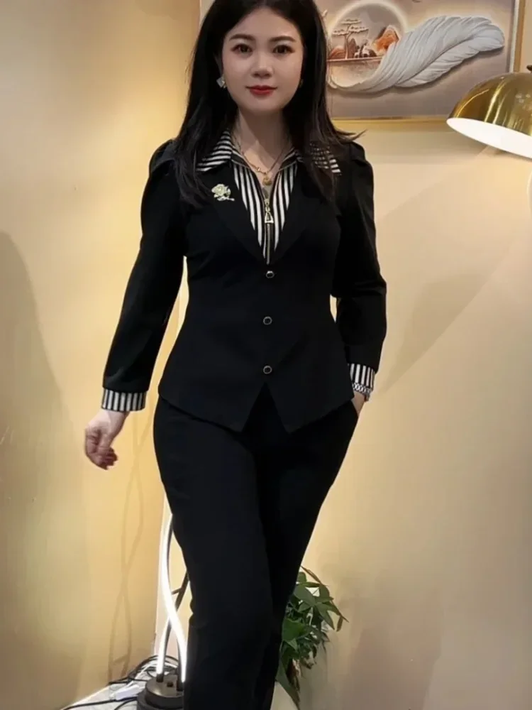 FADFAD Setelan wanita dua potong atasan lengan panjang dengan kerah polo dan celana panjang gaya baru elegant
