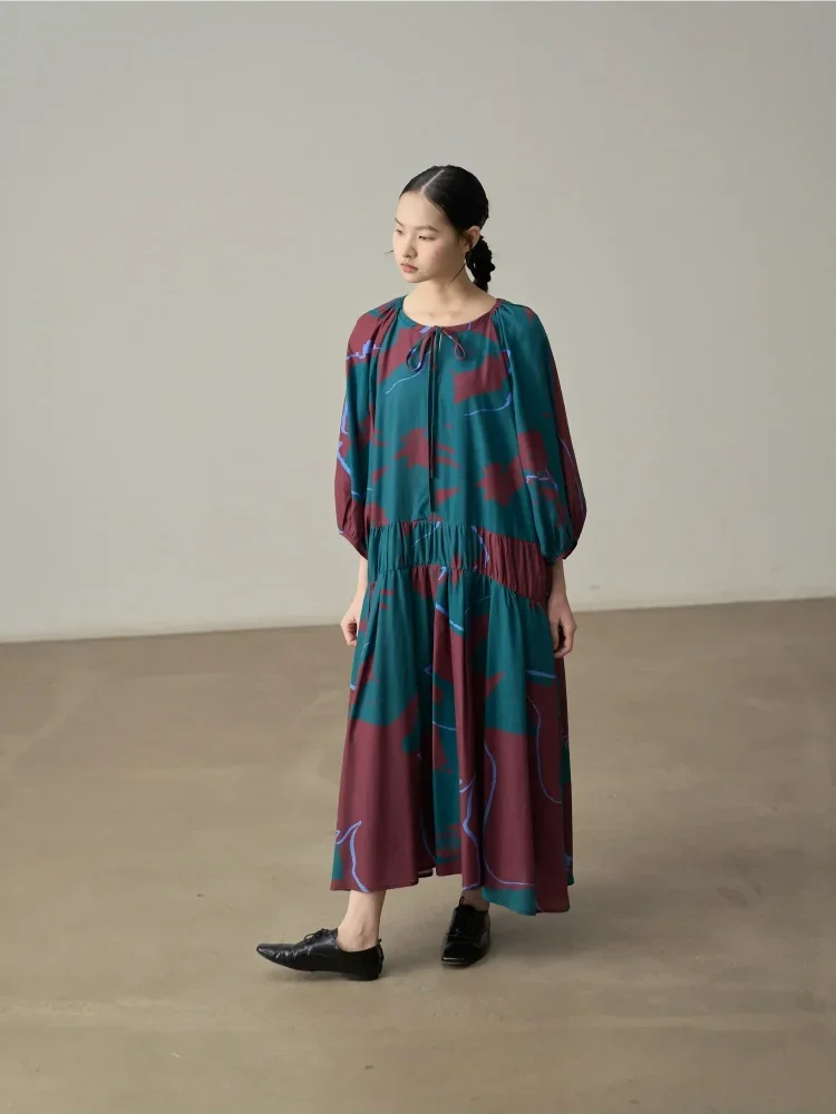 ASAYA Gaun retro panjang dengan leher bulat dan ikat pinggang untuk wanita