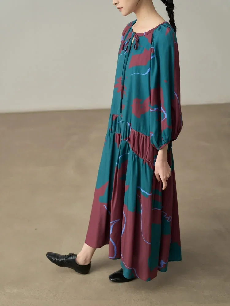 ASAYA Gaun retro panjang dengan leher bulat dan ikat pinggang untuk wanita