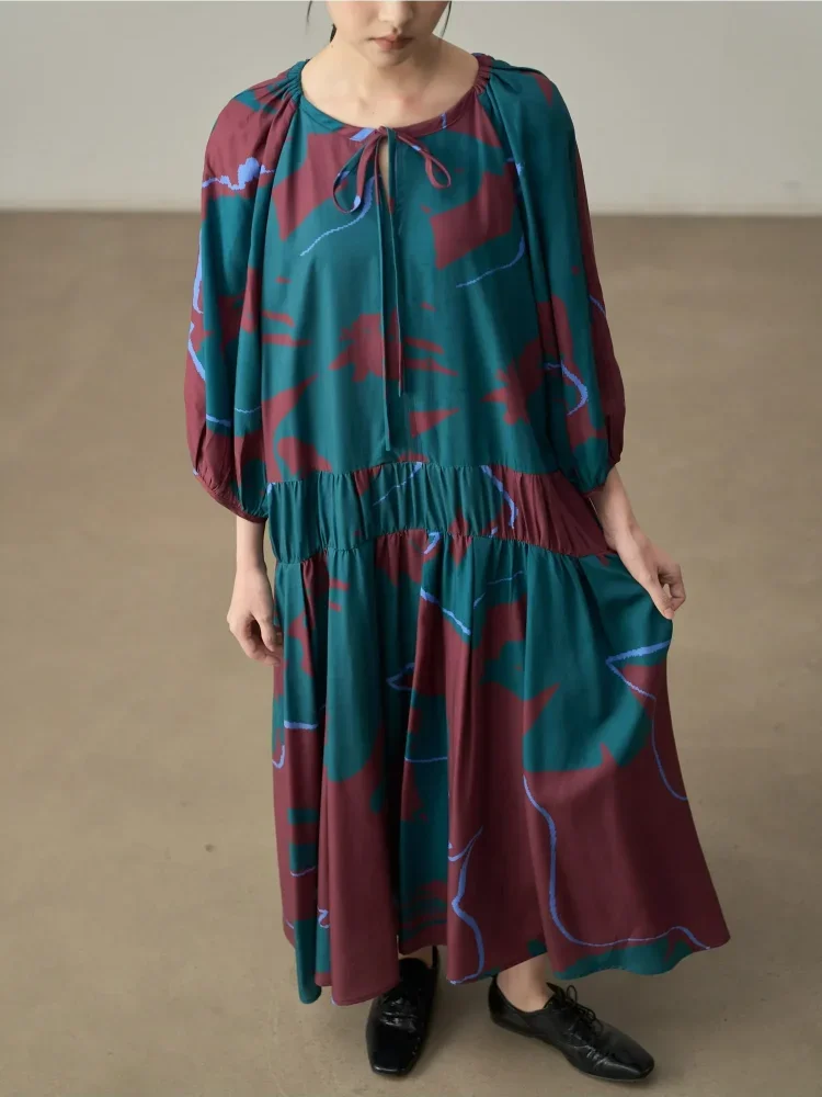 ASAYA Gaun retro panjang dengan leher bulat dan ikat pinggang untuk wanita