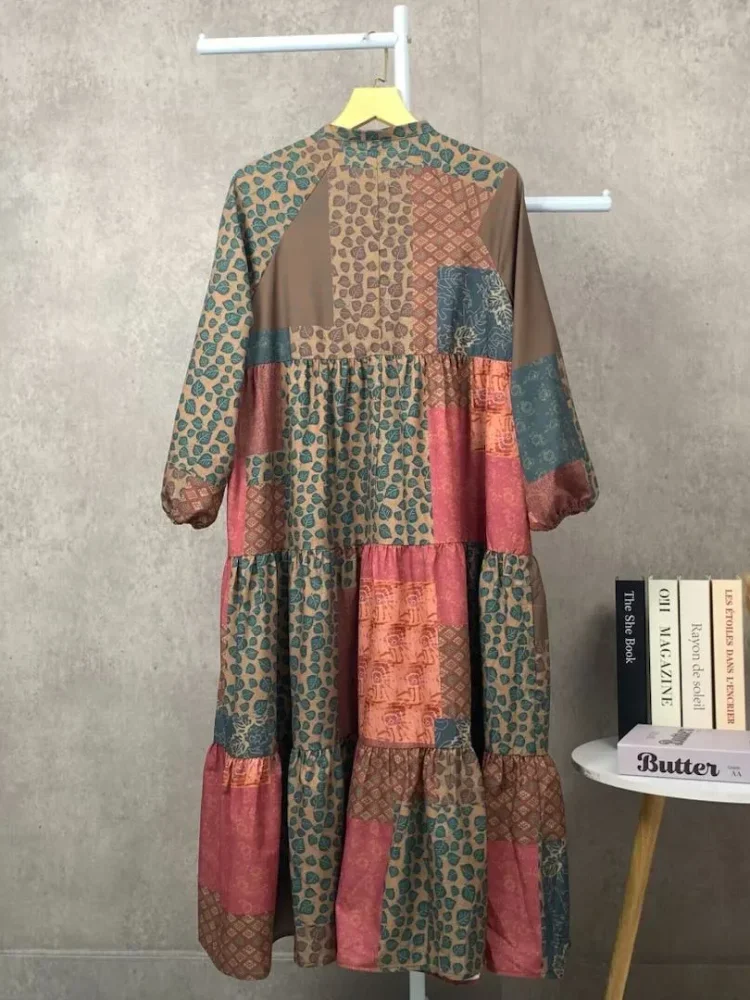 ASAYA Gaun panjang longgar kasual tipis bermotif dengan desain mode elegan