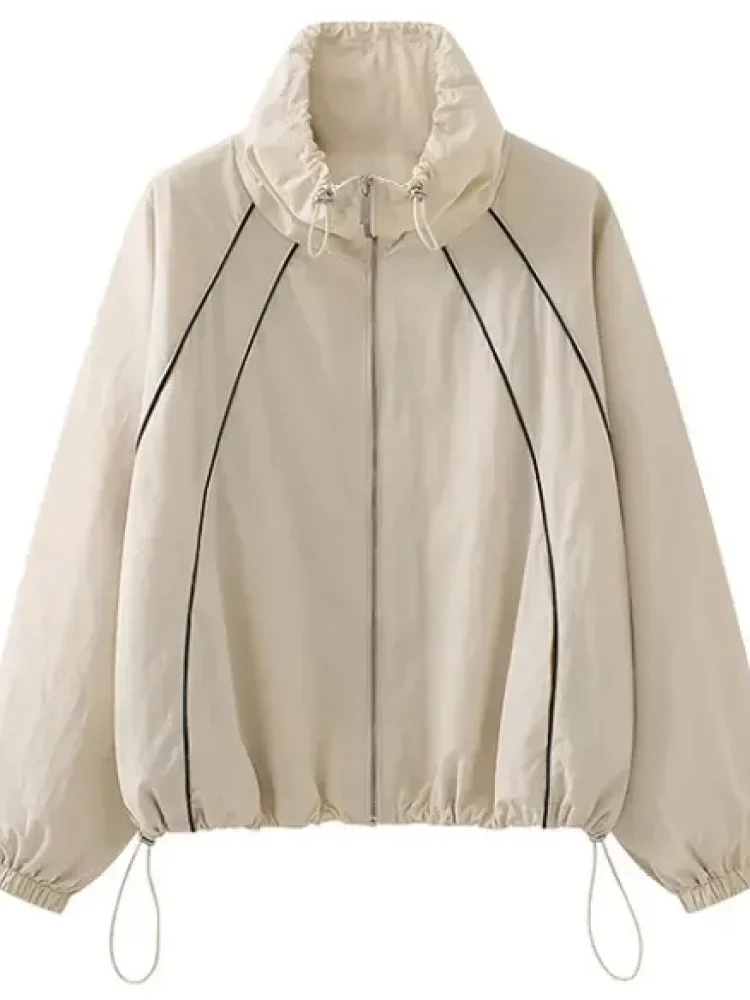 CHICMORE Atasan jaket pendek sporty kasual lengan panjang untuk wanita lembut longgar unik gaya casual elegant