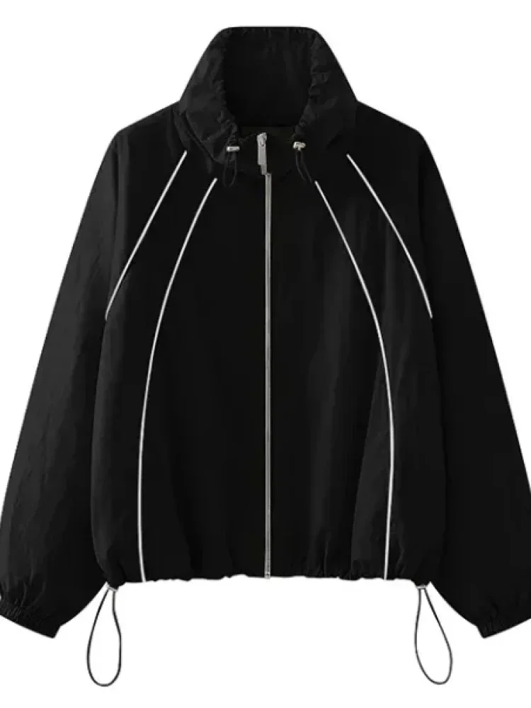 CHICMORE Atasan jaket pendek sporty kasual lengan panjang untuk wanita lembut longgar unik gaya casual elegant