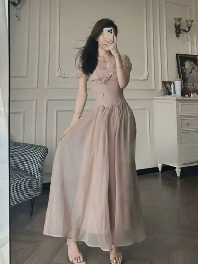 [DISKON KILAT]CHICMORE Gaun maxi lengan pendek dengan kerah v neck warn asolid gaya kalsik