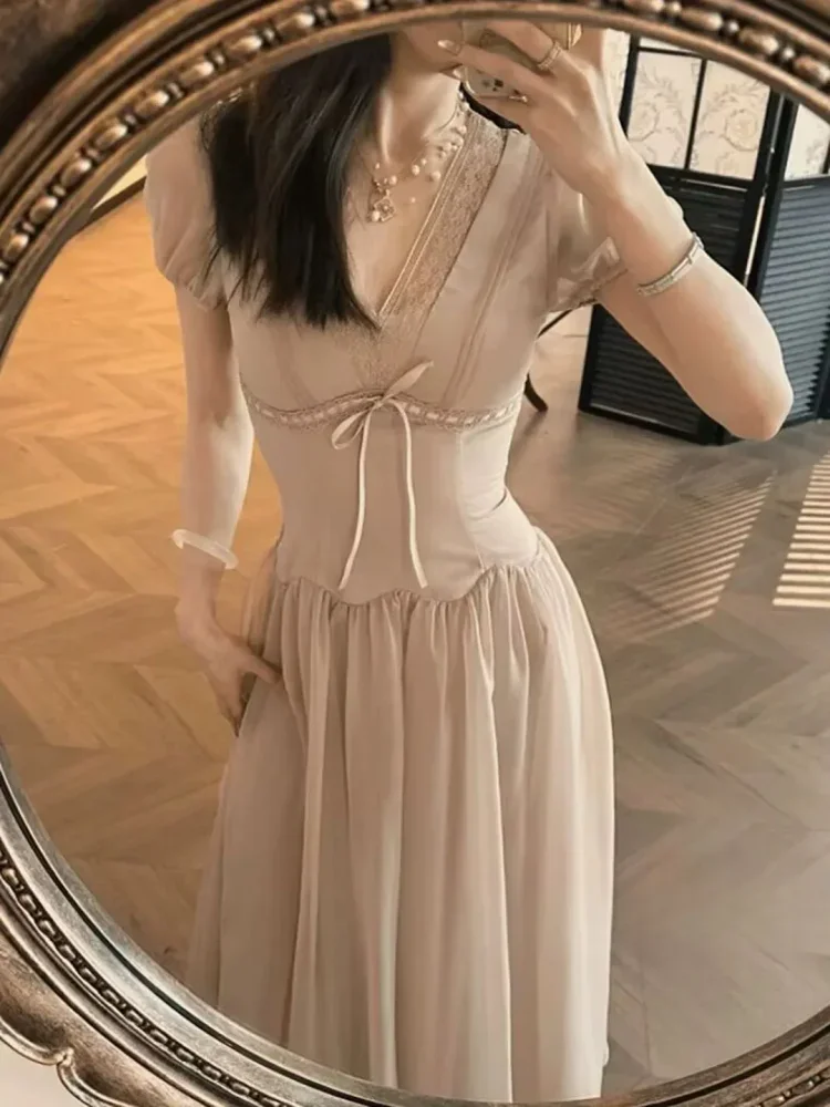 [DISKON KILAT]CHICMORE Gaun maxi lengan pendek dengan kerah v neck warn asolid gaya kalsik