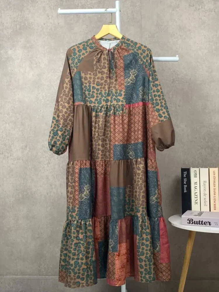 ASAYA Gaun panjang longgar kasual tipis bermotif dengan desain mode elegan