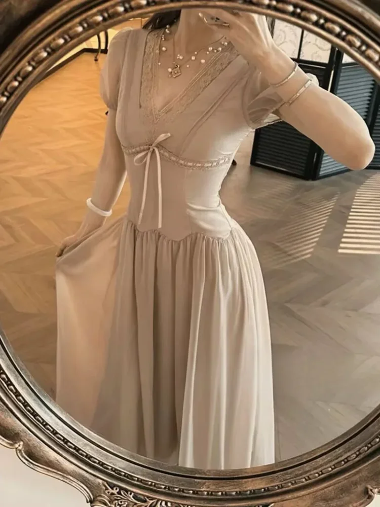 [DISKON KILAT]CHICMORE Gaun maxi lengan pendek dengan kerah v neck warn asolid gaya kalsik