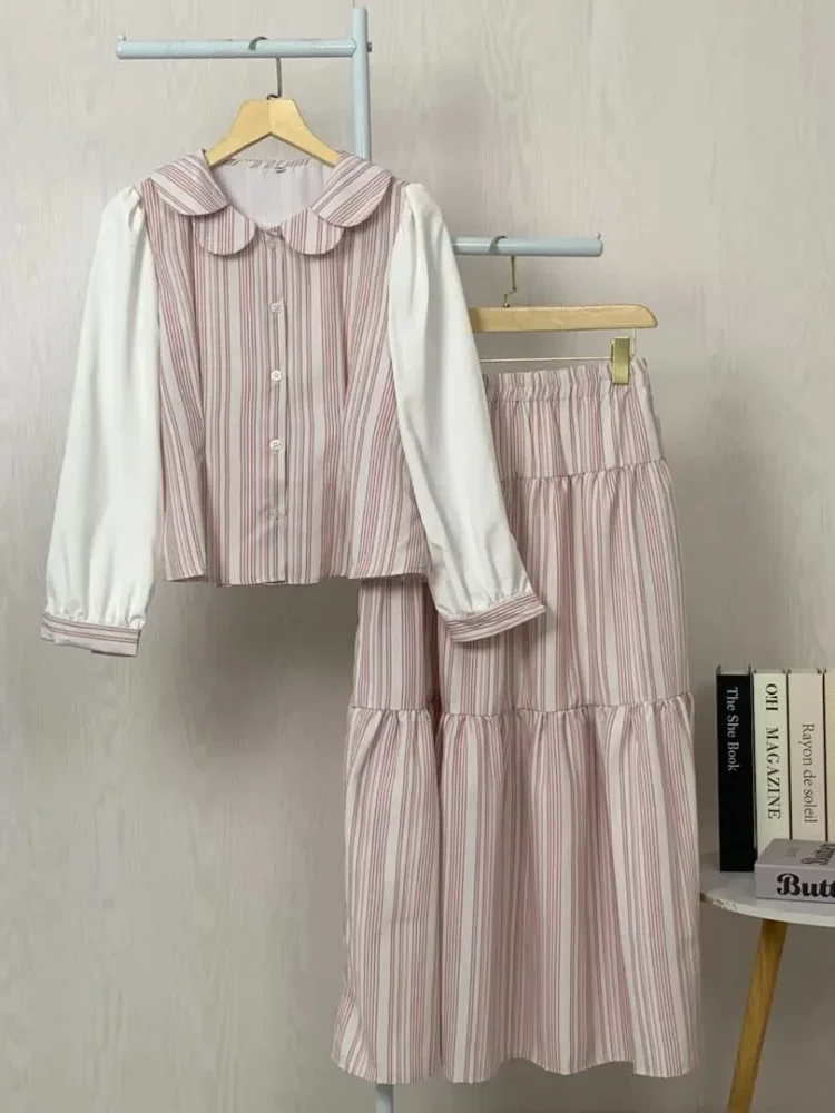 [DISKON KILAT]ASAYA Gaun kemeja lengan panjang kerah kelopak set patchwork bergaris