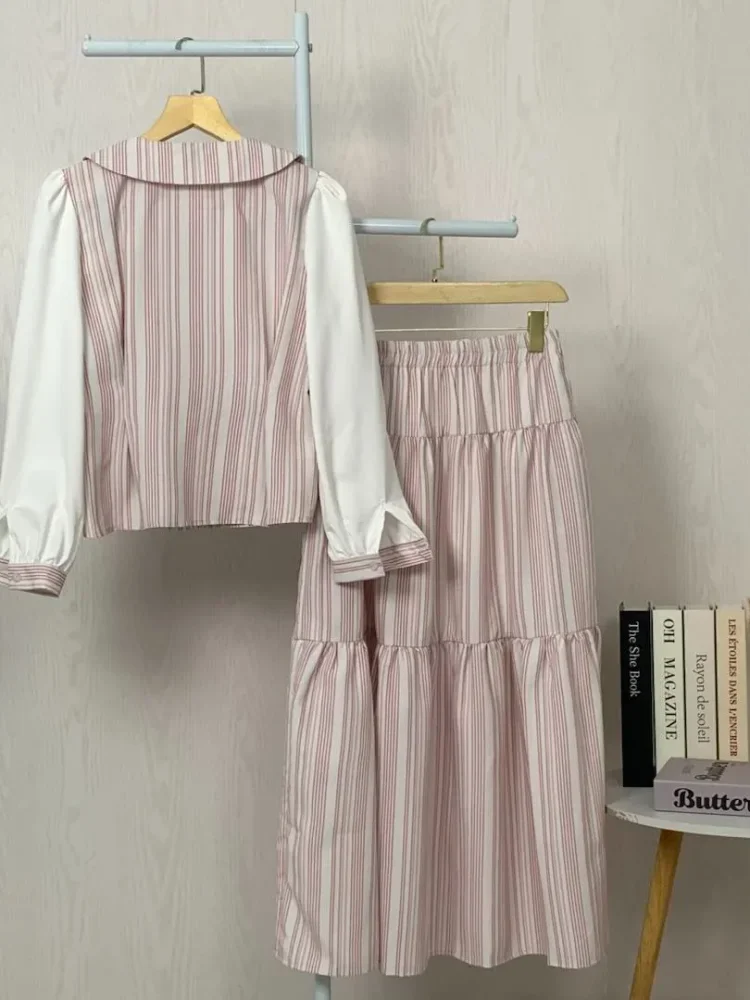 [DISKON KILAT]ASAYA Gaun kemeja lengan panjang kerah kelopak set patchwork bergaris