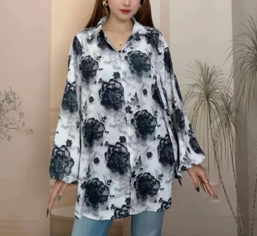 [CUCI GUDANG]ASAYA Atasan gaya retro kerah v model longgar motif cetak untuk wanita