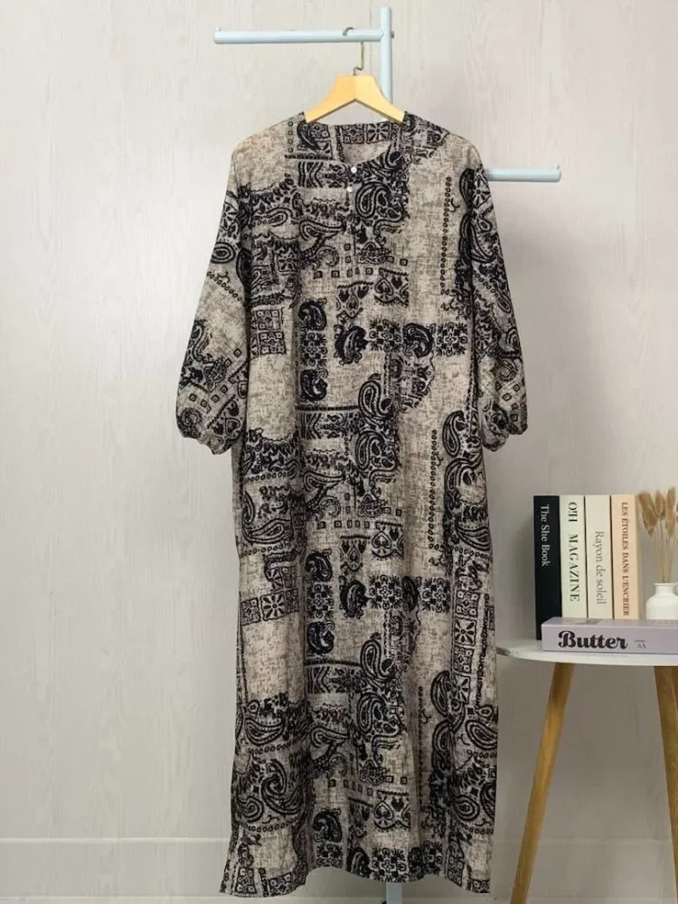[DISKON KILAT]ASAYA Gaun panjang longgar kasual tipis bermotif dengan desain mode elegan