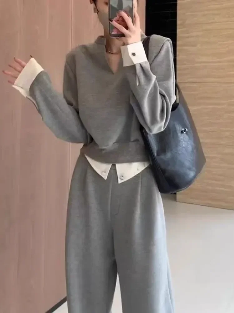 [DISKON KILAT]CHICMORE Setelan dua potong atasan v neck lengan panjang model kasual dan celana lebar lurus gaya modis elegant untuk wanita