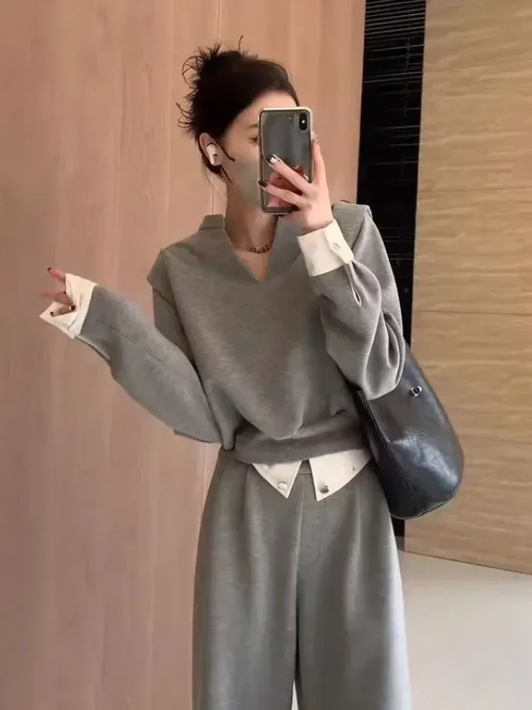 [DISKON KILAT]CHICMORE Setelan dua potong atasan v neck lengan panjang model kasual dan celana lebar lurus gaya modis elegant untuk wanita