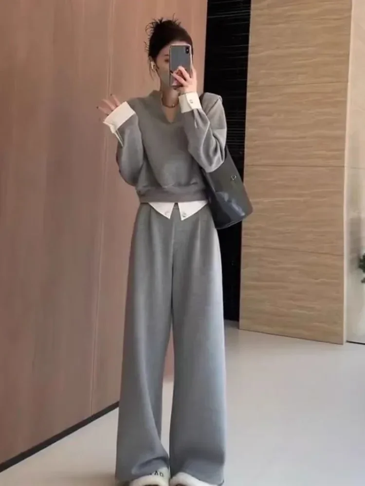 [DISKON KILAT]CHICMORE Setelan dua potong atasan v neck lengan panjang model kasual dan celana lebar lurus gaya modis elegant untuk wanita