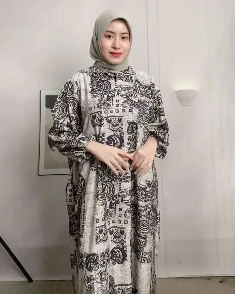 [DISKON KILAT]ASAYA Gaun panjang longgar kasual tipis bermotif dengan desain mode elegan