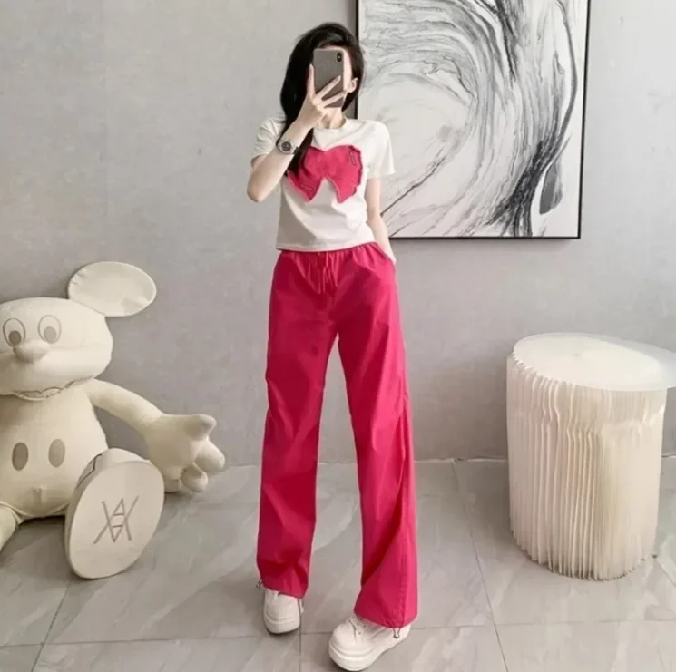 FADFAD Setelan wanita manis dua potong atasan blouse lengan pendek dengan pita cantik dan celana panjang high waist pinggang elastis