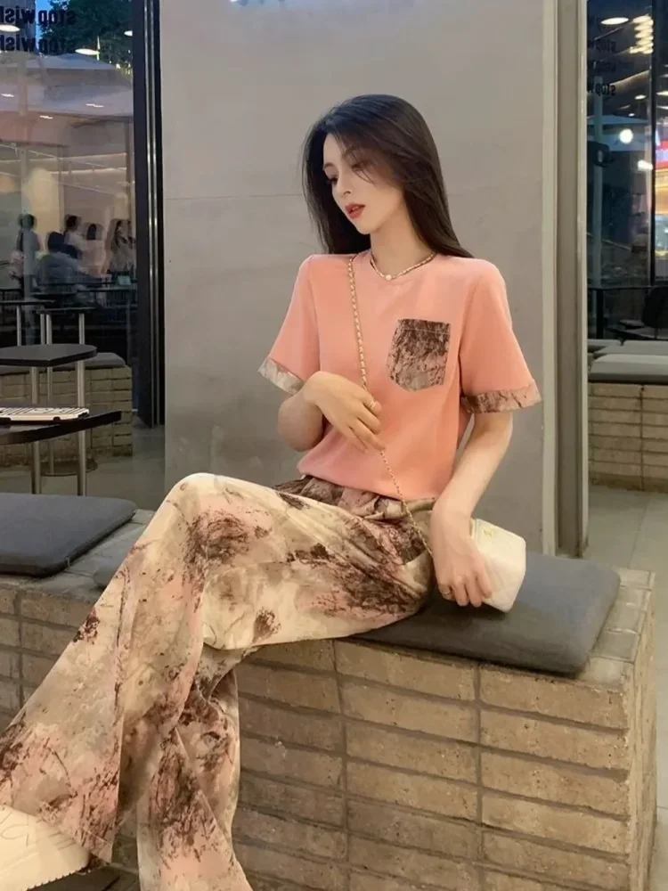 FADFAD Setelan wanita atasan blouse lengan pendek dengan motif cetak kombinasi dan celana panjang modis