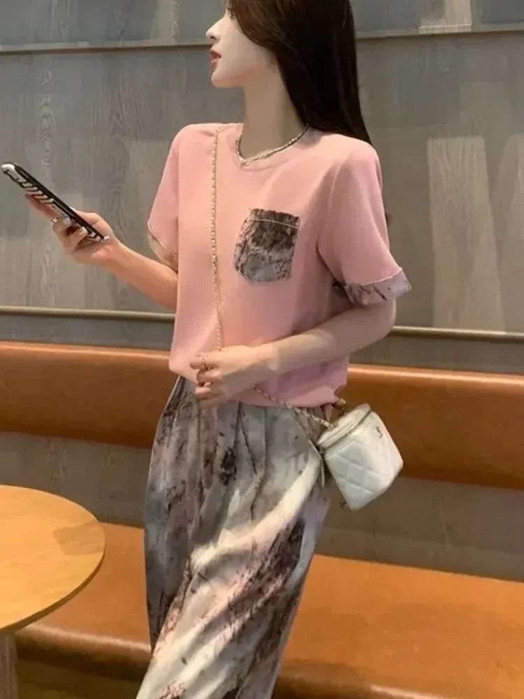 FADFAD Setelan wanita atasan blouse lengan pendek dengan motif cetak kombinasi dan celana panjang modis