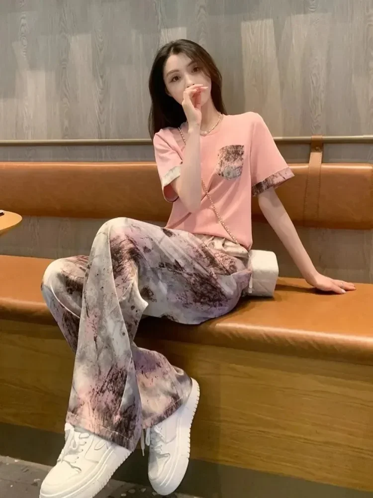 FADFAD Setelan wanita atasan blouse lengan pendek dengan motif cetak kombinasi dan celana panjang modis