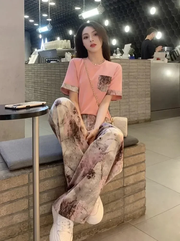 FADFAD Setelan wanita atasan blouse lengan pendek dengan motif cetak kombinasi dan celana panjang modis