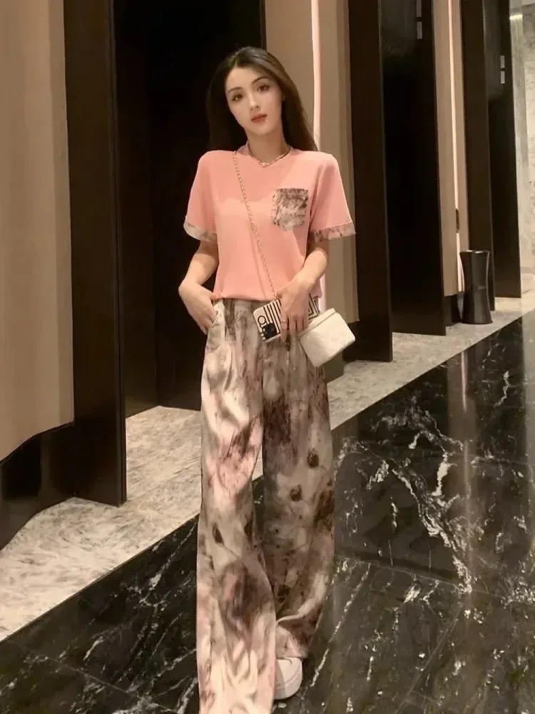 FADFAD Setelan wanita atasan blouse lengan pendek dengan motif cetak kombinasi dan celana panjang modis