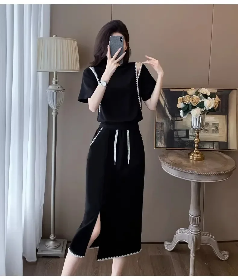 FADFAD Setelan dua potong atasan modis dengan lengan pendek dan rok berwarna polos untuk wanita