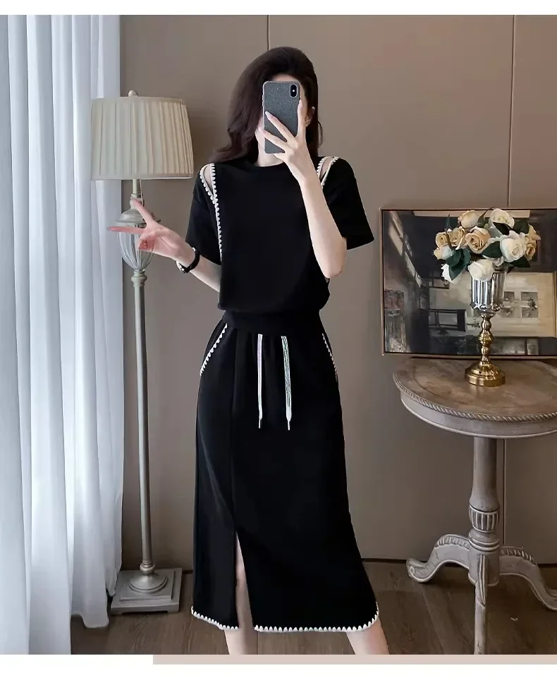 FADFAD Setelan dua potong atasan modis dengan lengan pendek dan rok berwarna polos untuk wanita