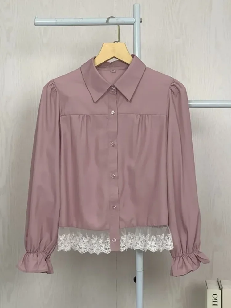 ASAYA Atasan wanita gaya retro lengan panjang dengan desain renda cantik