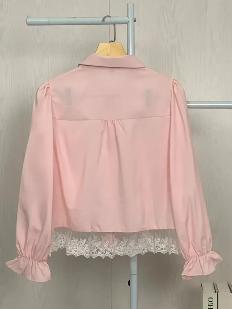 ASAYA Atasan wanita gaya retro lengan panjang dengan desain renda cantik