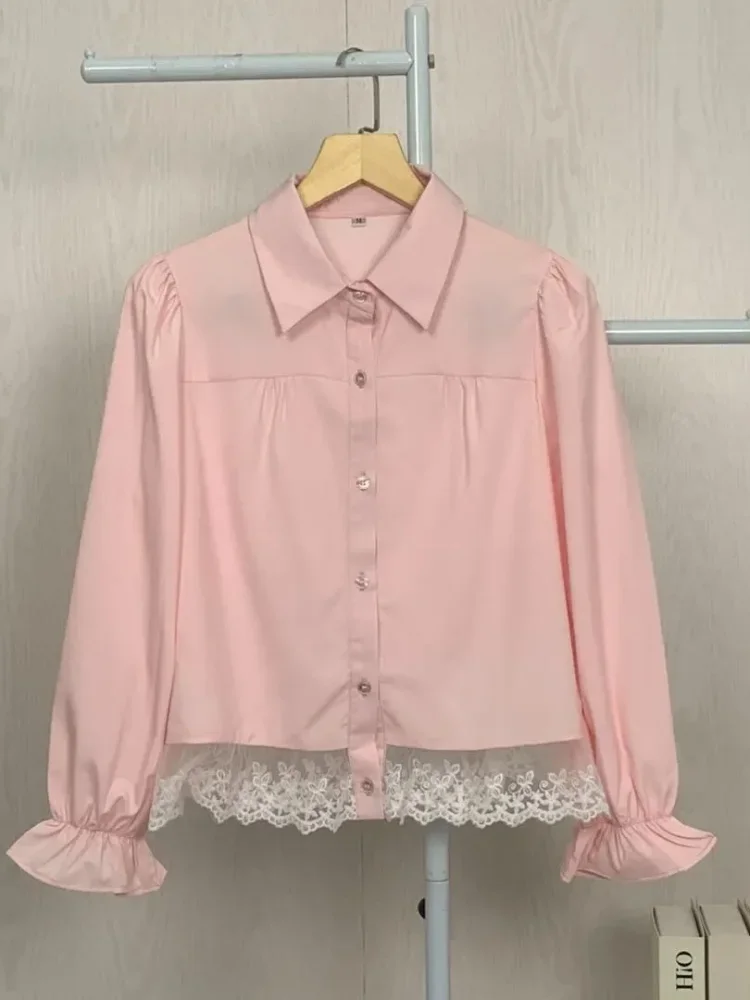 ASAYA Atasan wanita gaya retro lengan panjang dengan desain renda cantik