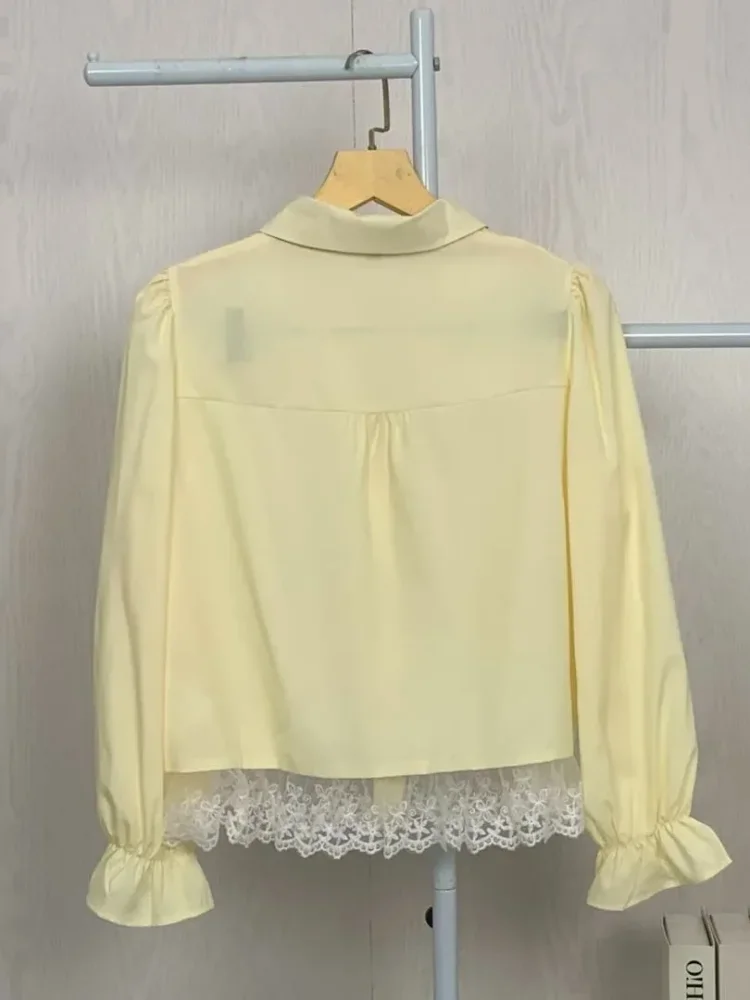 ASAYA Atasan wanita gaya retro lengan panjang dengan desain renda cantik