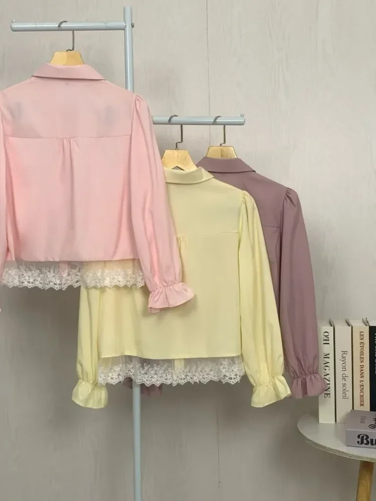 ASAYA Atasan wanita gaya retro lengan panjang dengan desain renda cantik