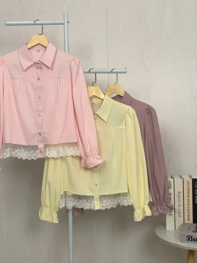 ASAYA Atasan wanita gaya retro lengan panjang dengan desain renda cantik