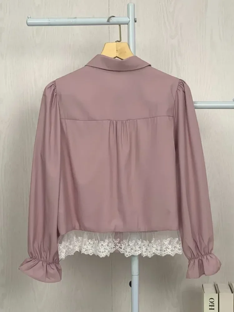 ASAYA Atasan wanita gaya retro lengan panjang dengan desain renda cantik