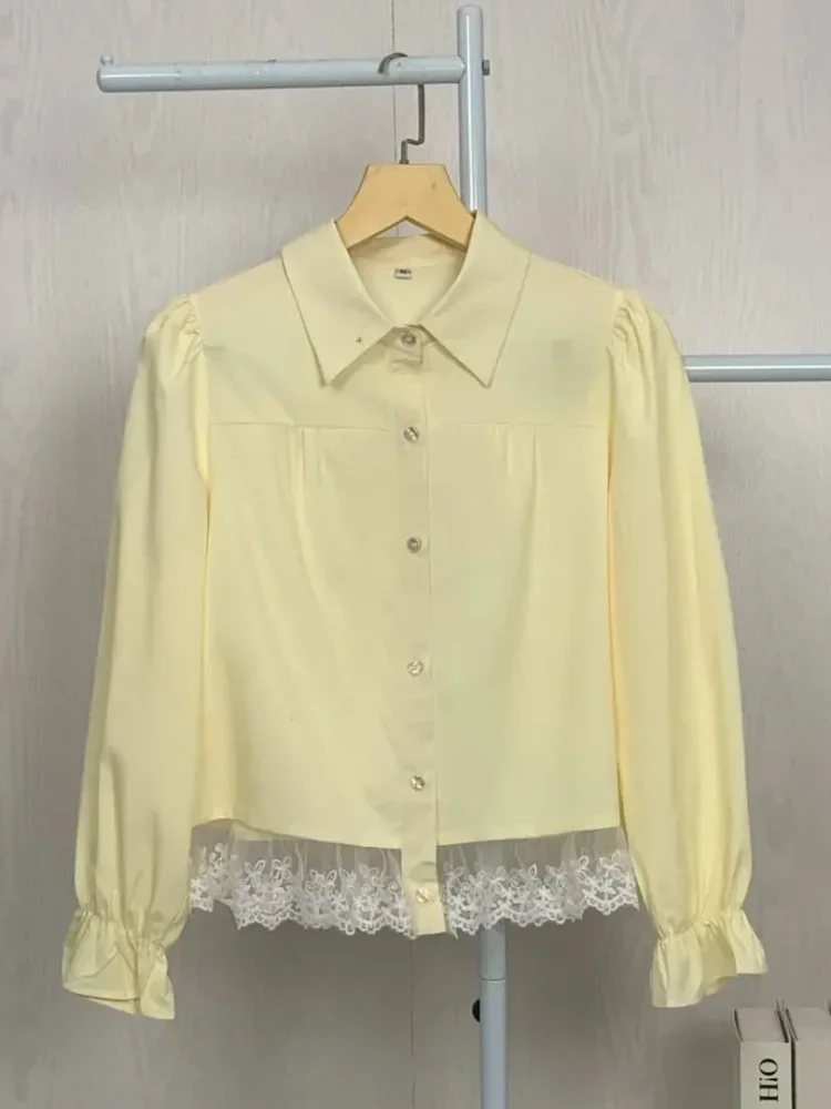 ASAYA Atasan wanita gaya retro lengan panjang dengan desain renda cantik