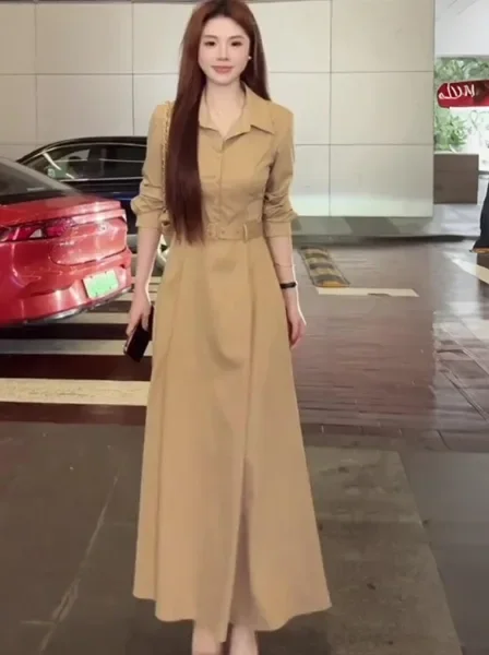 CHICMORE Gaun kerah polo elegan gaya korea lengan panjang wanita yang cantik gaya kasual kelas atas