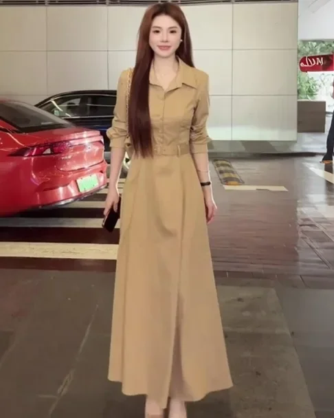CHICMORE Gaun kerah polo elegan gaya korea lengan panjang wanita yang cantik gaya kasual kelas atas