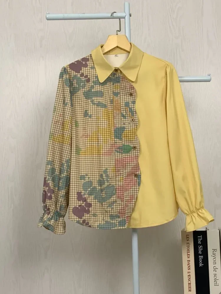 ASAYA Kemeja kardigan longgar dengan desain kerah kotak-kotak tambal sulam yang tidak beraturan