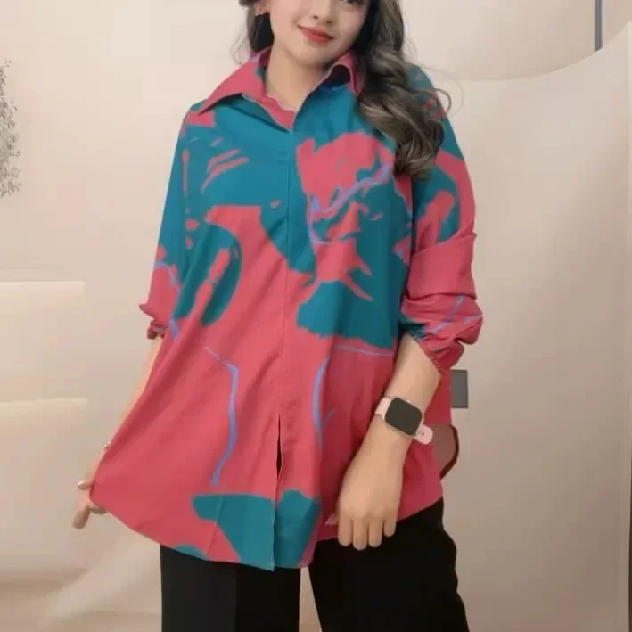 ASAYA Atasan gaya retro kerah v model longgar motif cetak untuk wanita